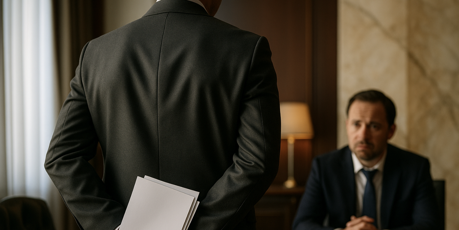 A broker clasps a hidden set of trade confirmations behind their back as a concerned client watches from the opposite side of a polished conference table