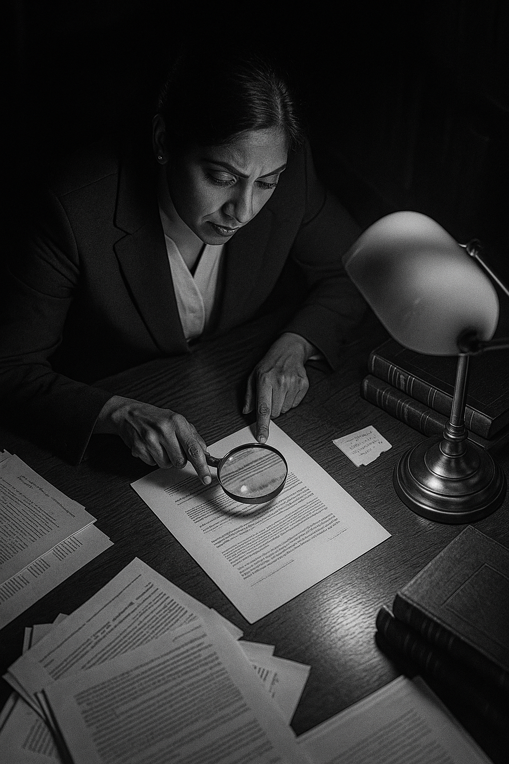 A seasoned attorney leans over a dark oak desk under a single desk lamp, magnifying glass in hand, highlighting a bold false statement in a contract