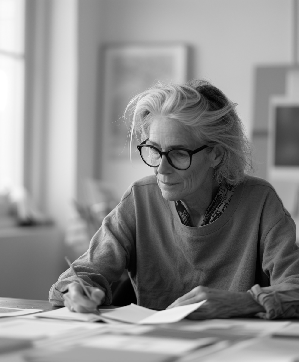 An older woman wearing glasses sits at a desk, focused on her work