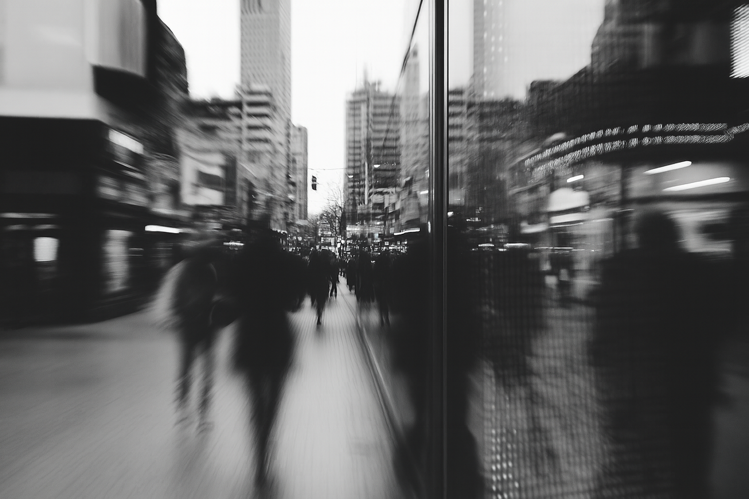 Blurred city street scene with neon lights, reflections, and a bustling crowd