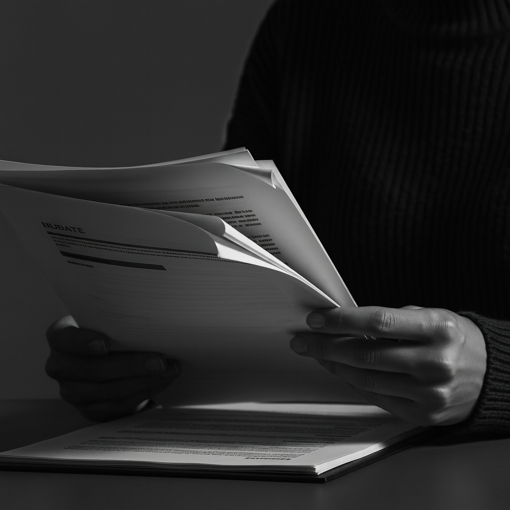 A person reviews a stack of documents with highlighted sections, focusing on the details