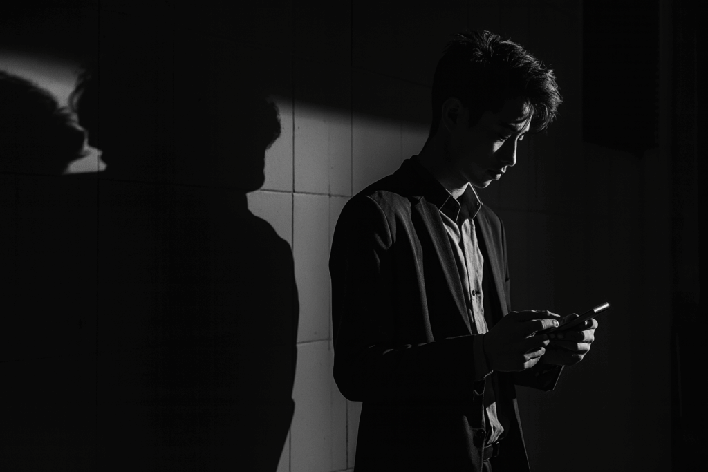 A young man in a dark room, focused on his smartphone