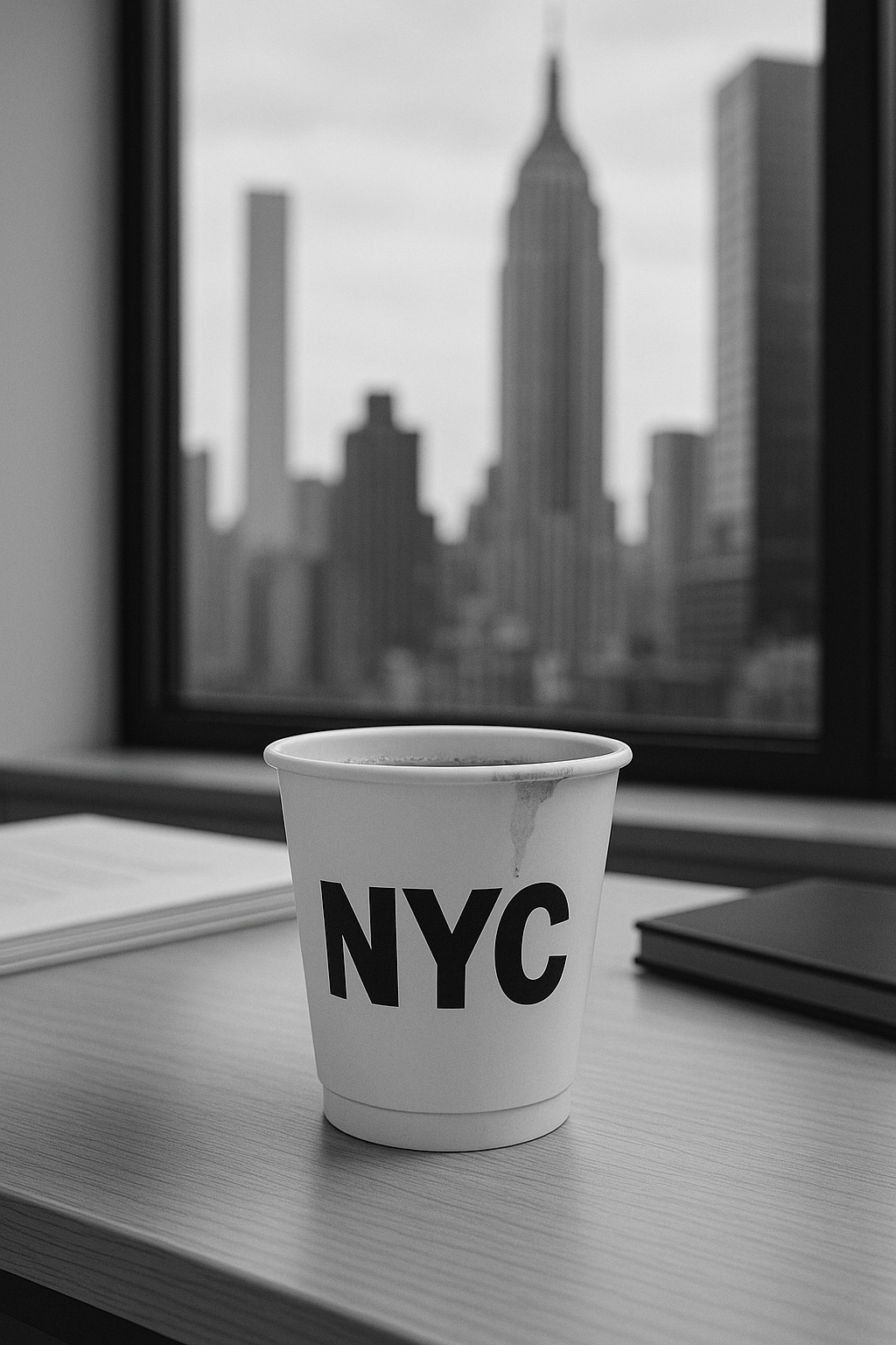 Black and white photo of a coffee cup labeled “NYC” sitting on an office desk near a window with the blurred New York City skyline, including the Empire State Building, in the background.