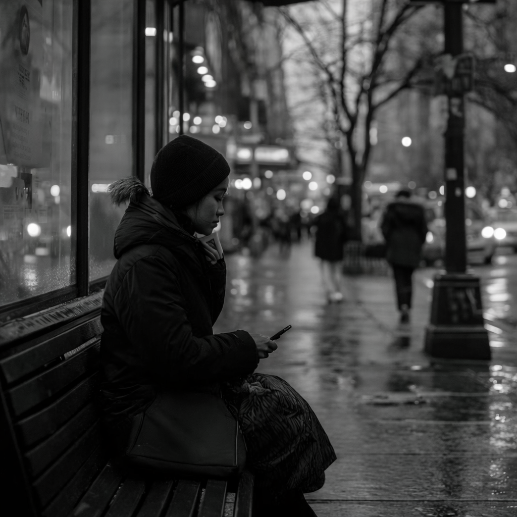 A woman in a winter coat and knit hat sitting on a bench at dusk, looking down at her phone as pedestrians and streetlights blur along a wet sidewalk behind her