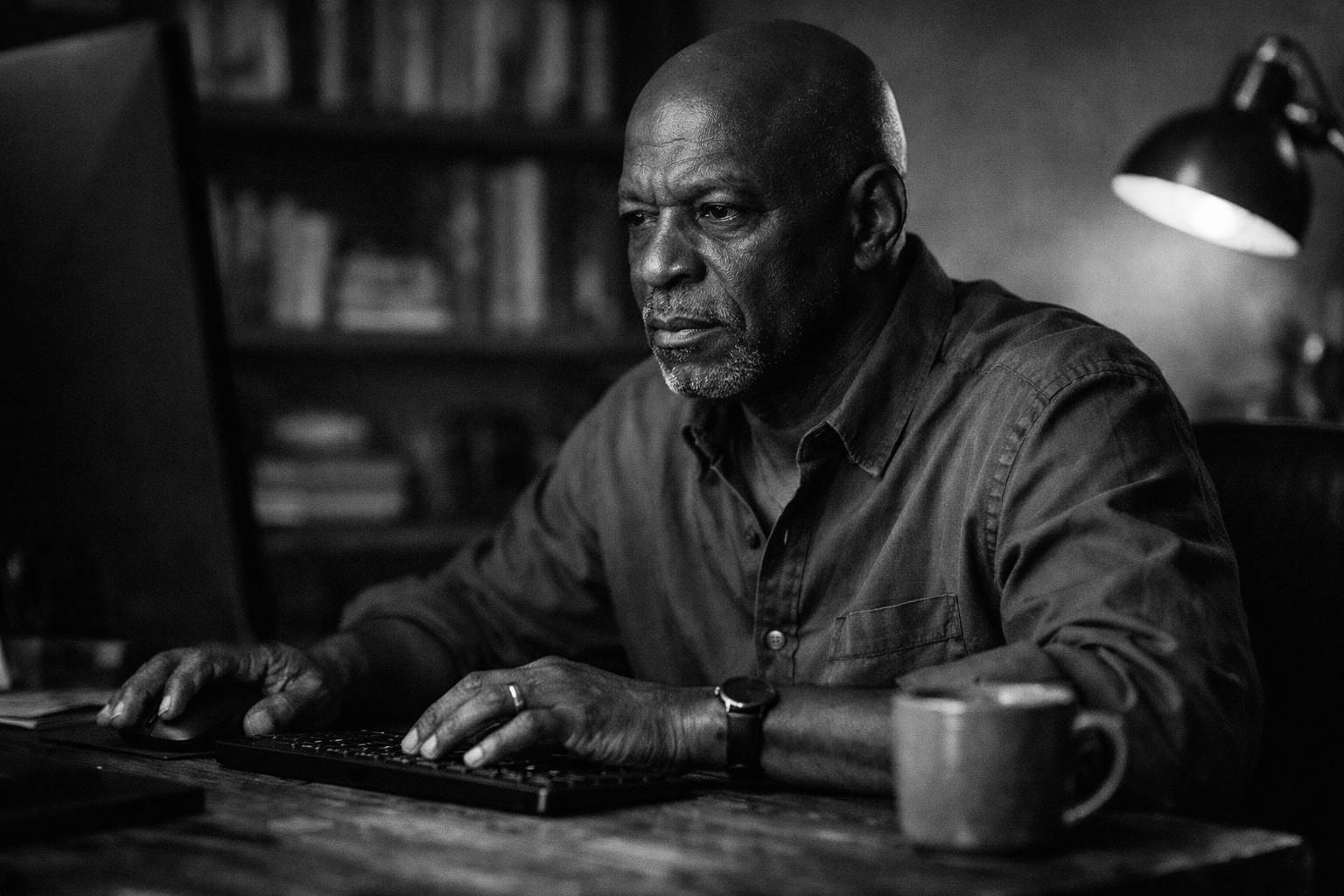 A man in his sixties working at a computer in a softly lit office, focused and thoughtful, with the screen not visible.