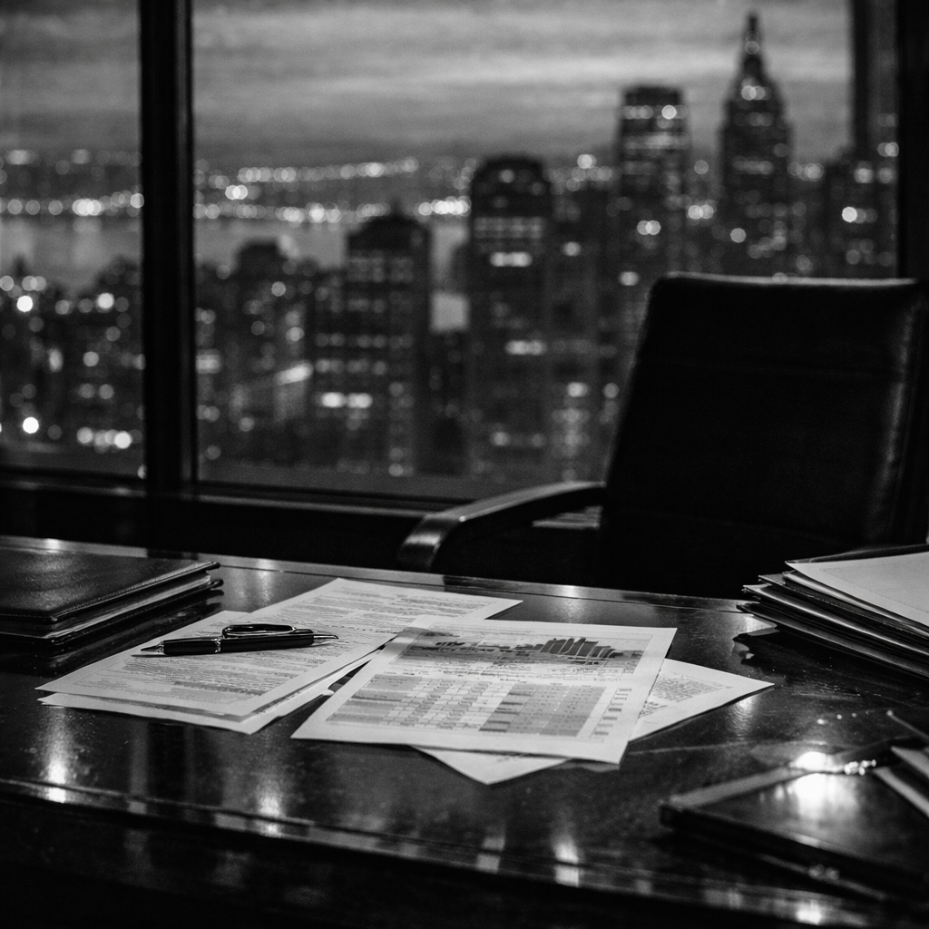 Black and white photo of an empty modern office desk with financial papers, folders, and a pen, overlooking a city skyline through large windows at dusk.