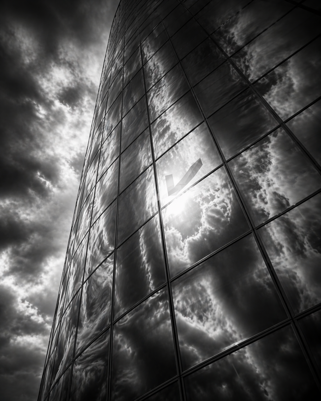 A glass building facade reflecting a cloudy sky, slightly distorted, with their unique logo obscured by glare. Shot from below looking up.
