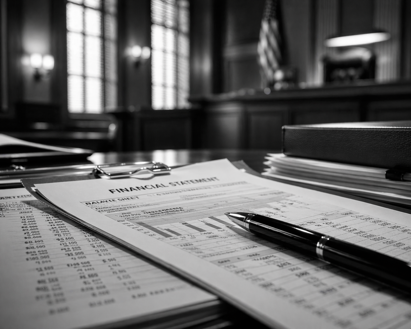 Close-up of financial documents with charts and numbers on a desk, a black pen resting on top, with a softly blurred courthouse-style office background featuring warm lighting and wooden interiors.
