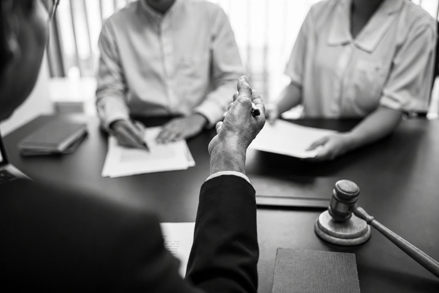 A person in a black suit gestures across a table to two people in white shirts. There is a gavel might the right elbow of the person in the suit.