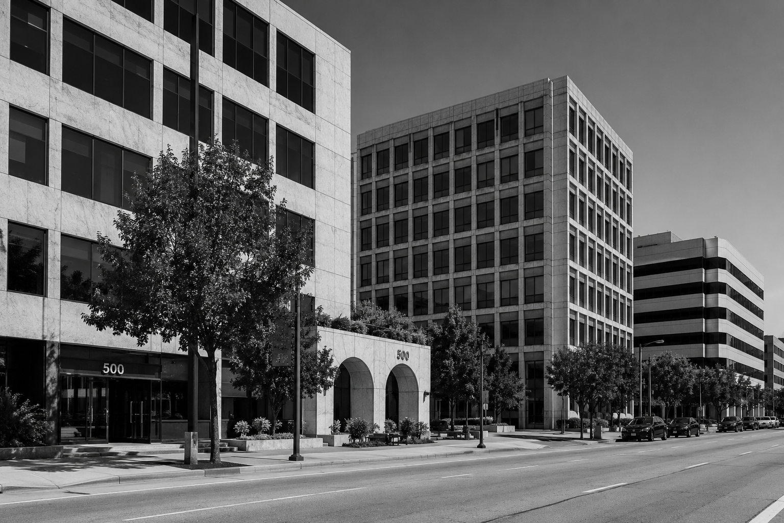 a black and white image of some commercial buildings