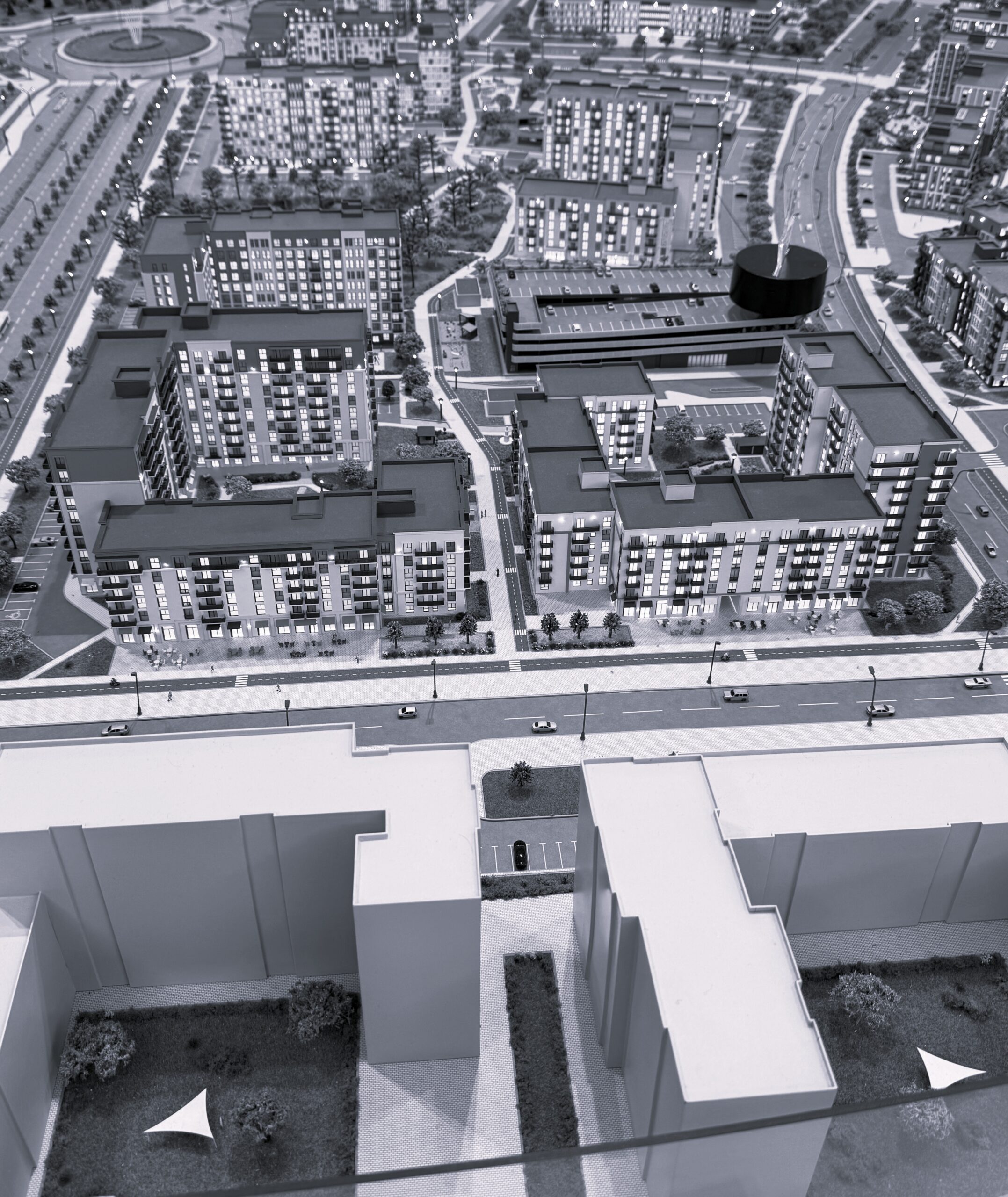 an artist's rendering of mixed-us residential and commercial real estate, from a bird's eye view